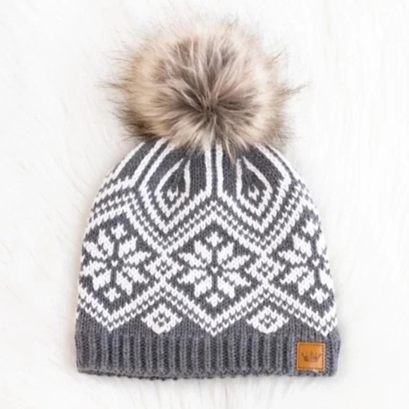 Gray White Knit Snowflake Pattern Knit Fleece Lined Faux Fur Pom Beanie Hat - Picture 1 of 3